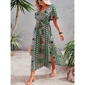 boho paisley Print short Sleeve Split Side Belted maxi Dress green